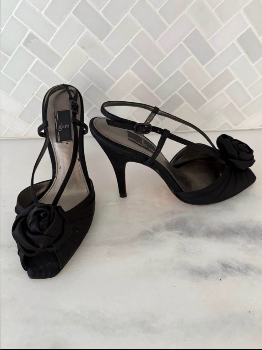Sexy Black Satin Peep-Toe Heels with Rosette Accent by Glint - Size 8